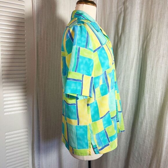 Alia | Women’s | Blouse | Size 12 | Yellow Aqua Watercolor Textured Button Down - Picture 5 of 5